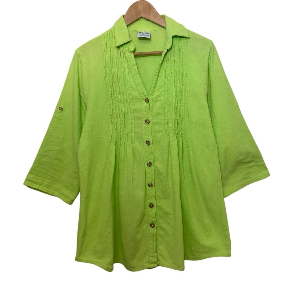 Vintage Dunes Lime Green Beach Long Shirt Textured Button Up Blouse Top Large